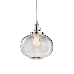 Avery 9.75 in. 1-Light Brushed Nickel Farmhouse Shaded Kitchen Globe Mini Pendant Hanging Light with Clear Seeded Glass