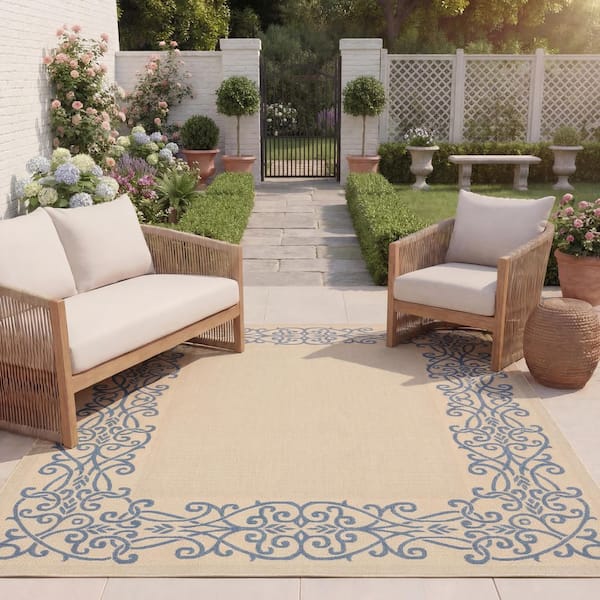 Courtyard Natural/Blue 8 ft. x 11 ft. Border Indoor/Outdoor Patio Area Rug