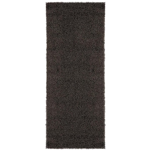 Ottomanson Pure Fuzzy Collection Non-Slip Rubberback Solid Soft Black 1 ft. 8 in. x 4 ft. 11 in. Indoor Runner Rug