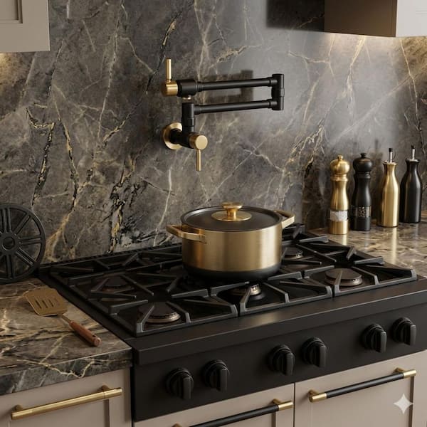Wall Mounted Pot Filler with Double Handle in Gold and Black
