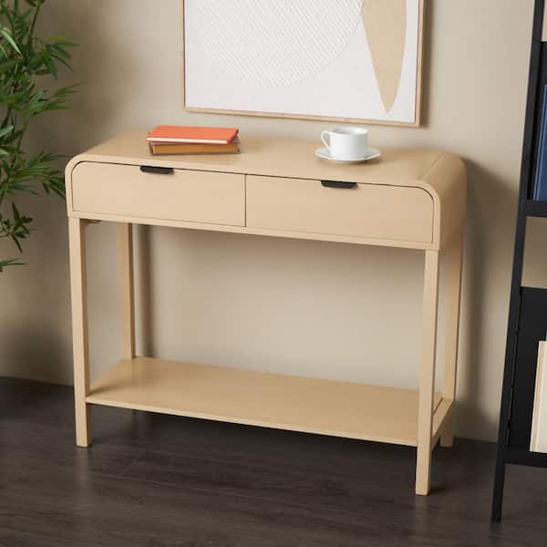 Litton Lane 36 in. Beige Large Rectangle Wood Handmade 2 Drawer Console Table with Black Handles