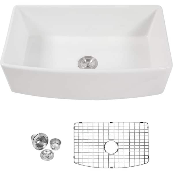 33 in. Farmhouse/Apron-Front Single Bowl White Ceramic Kitchen Sink with Accessories