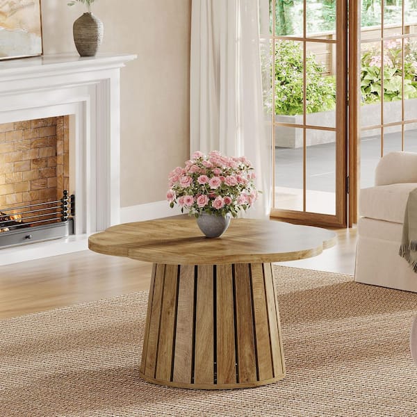 Modern Farmhouse 33.46 in. Brown Round Wood Coffee Table with Flower-Shaped Top for Living Room and Cafe