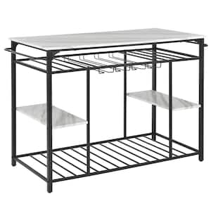 Black and White Wood 47.2 in. Kitchen Island with Glass Racks and Marble Worktop
