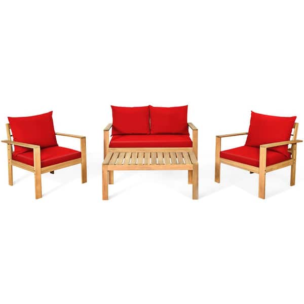 Gymax 4PCS Patio Acacia Wood Conversation Furniture Set w/Red Cushions