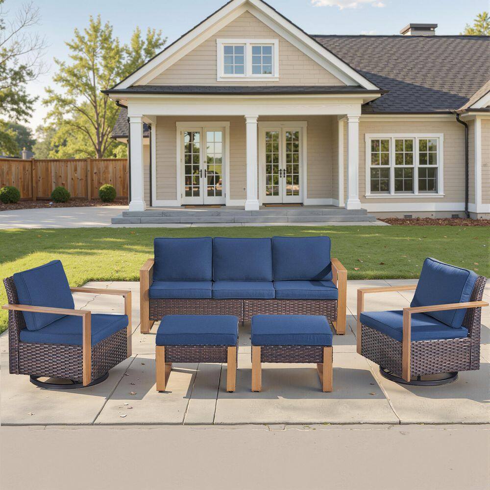 Kove Brown Wicker 5-Piece Patio Conversation Set Outdoor Sectional Seating Set with Matal Ottoman and Blue Cushion price history on PriceWatchPro