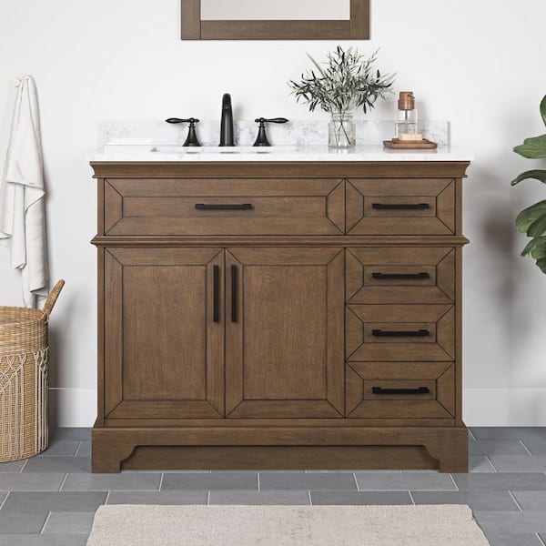 Home Decorators Collection Cherrydale 42 in. Single Sink Almond Latte Bath Vanity with White Engineered Marble Top (Assembled)