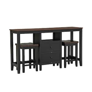 3 -Piece Cherry Black Solid Wood Outdoor Dining Table Set with Cabinet, 2-Storage Drawers and 2-Stools for Small Places
