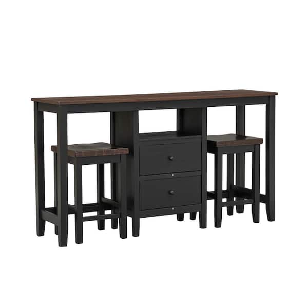 Unbranded 3 -Piece Cherry Black Solid Wood Outdoor Dining Table Set with Cabinet, 2-Storage Drawers and 2-Stools for Small Places