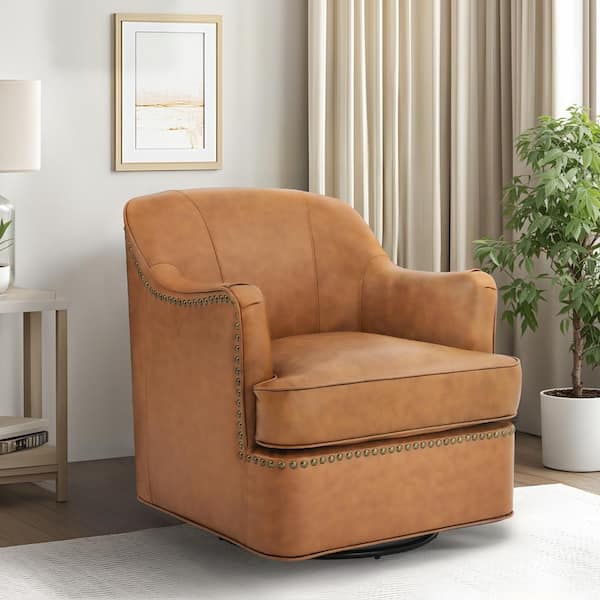 Fazio Whiskey Brown Genuine Leather Curved Back Swivel Accent Arm Chair with Nailhead Trims and Metal Base