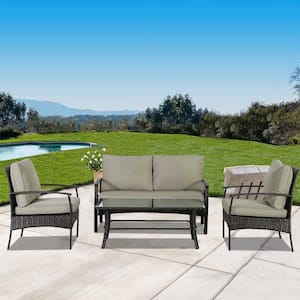 4-Piece Brown Wicker Outdoor Sectional Set, Rattan Outdoor Patio Set with Tan Cushions and Tea Table
