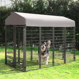 4 ft. x 8 ft. Dog Kennel Outdoor Dog Enclosure with Rotating Feeding Door, Stainless Bowls and Upgraded Polyester Roof