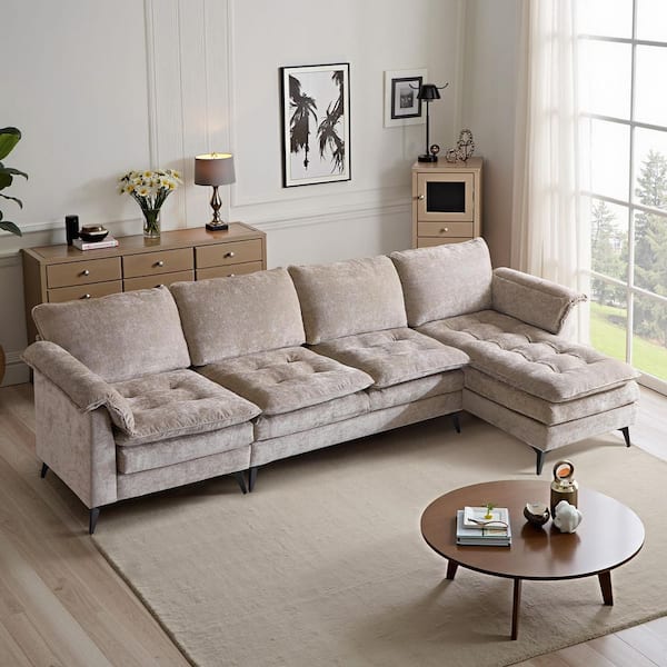 Double-Layer Cushion's Collection 130 in Wide Pillow Top Arm Chenille L-shaped Modern Sectionals Sofa in. Brown