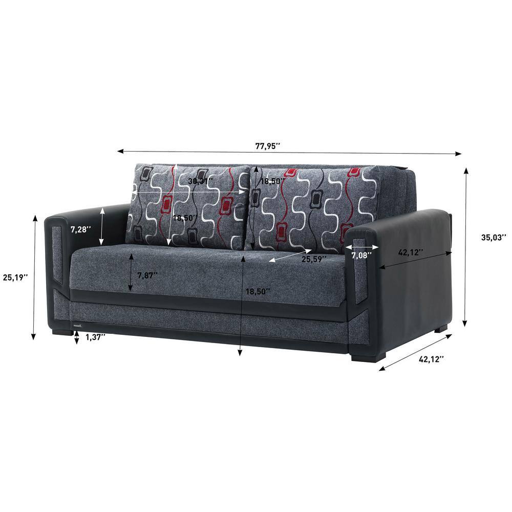 Sleeper sofa with dimension measurements overlaid.