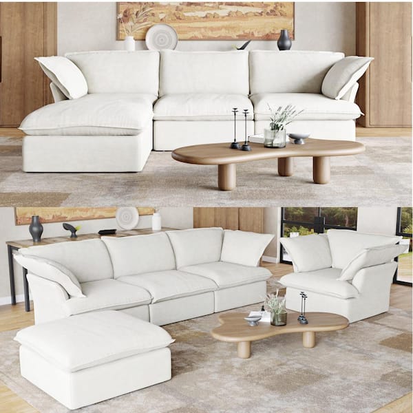 Magic Home 163 in. Overstuffed Down Filled Comfort Linen Flannel U-shape  8-Seat Sofa Modular Sectional with Ottoman, White MH-SF112BE - The Home  Depot
