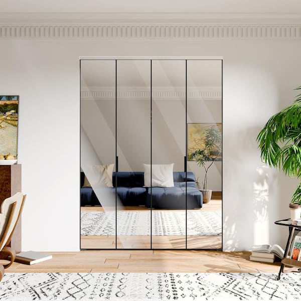 60 in. x 80 in., Mirrored Glass, Black, Hollow Core, MDF, Aluminum Frame, Full Lite Bi-fold Doors with Hardware Kits