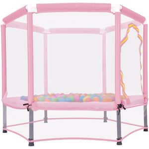 55 in. Outdoor Park Pink Kids Mini Trampoline with Safety Enclosure and Ocean Balls