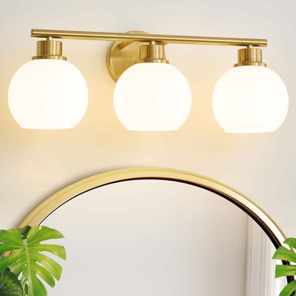 Deyidn Modern 21.65 in. 3-Light Gold Bathroom Vanity Light Interior Powder Room LED Lighting with Opal Glass Globe Shades G1746W-3G