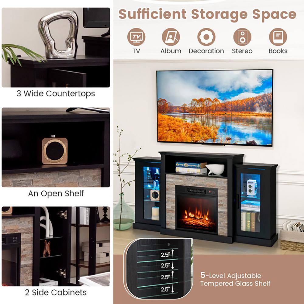 Black MDF TV Stand with Fireplace and LED Lights for 65-inch TVs