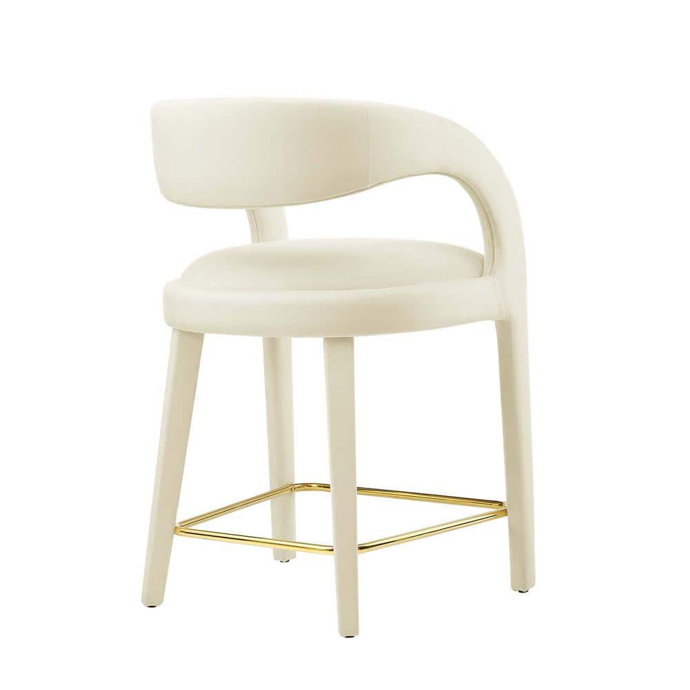 Ivory Gold Velvet Upholstered Counter Stools with Metal Footrest, Set of Two