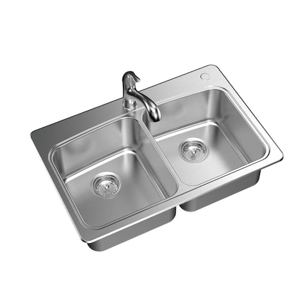 Glacier Bay All In One Stainless Steel 33 In 2 Hole 50 50 Double Bowl Drop In Kitchen Sink Kit With Faucet And Strainer Vt3322r08 The Home Depot