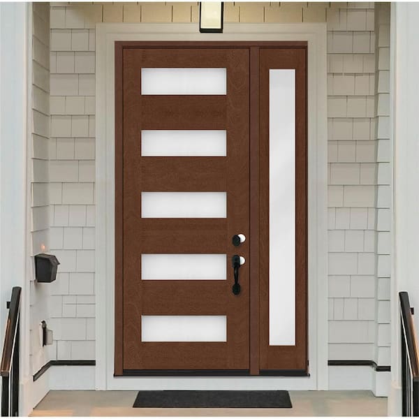 Regency 51 in. x 96 in. 5L Modern Frosted Glass LH Chestnut Stain Mahogany Fiberglass Prehung Front Door w/12in.SL