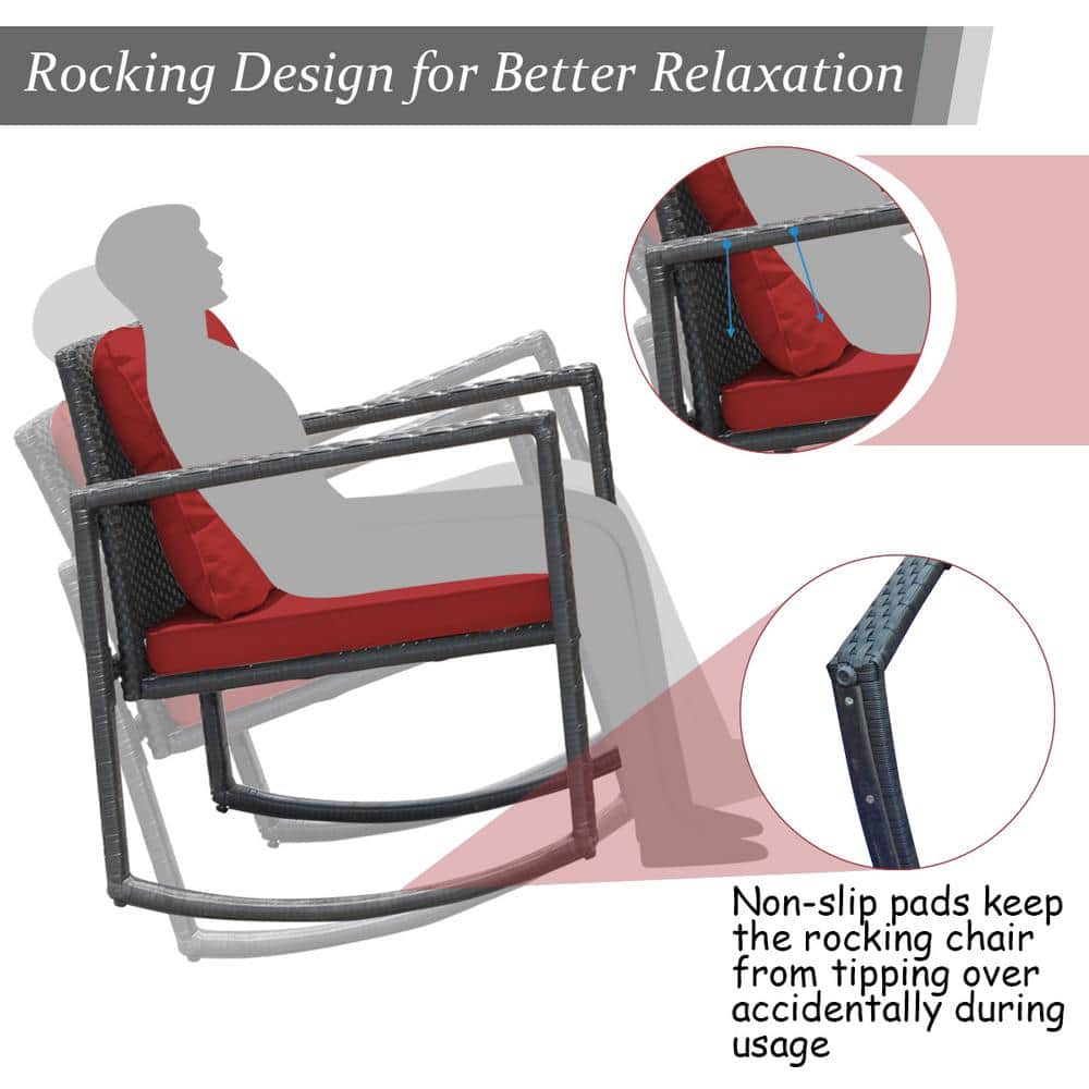 Red Cushioned Black Steel Rocking Armchairs with Glass Table Set