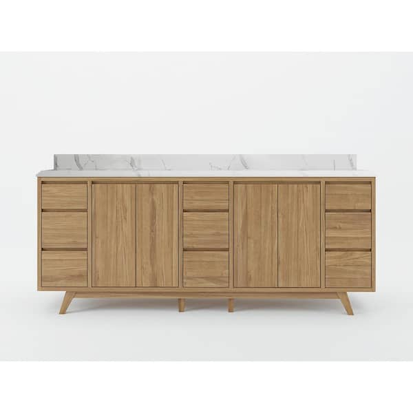 Willow Collections Madison Teak 84 in. W x 22 in. D x 36 in. H Double Sink Bath Vanity in Golden Teak with Cove Edge Calacatta Quartz