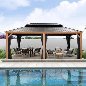 12 ft. x 20 ft. Hardtop Gazebo Galvanized Steel Roof Gazebo Pergola with Wooden Coated Alumninum Frame and Mosquito Net