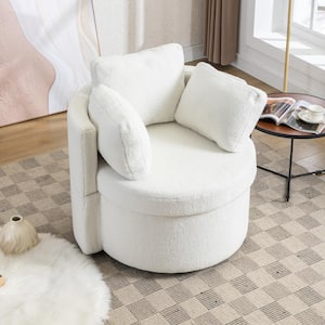 Modern Ivory Teddy Fabric Upholstered Swivel Accent Chair Barrel Chair with Storage and Pillows for Living Room, Bedroom