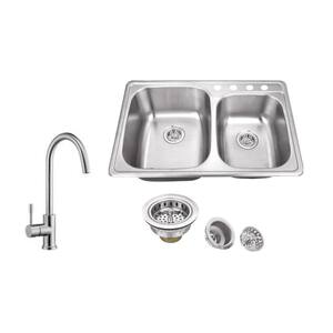All-In-One Drop In 20-Gauge Stainless Steel 33-1/4 in. 4-Hole 60/40 Double Bowl Kitchen Sink with Gooseneck Faucet