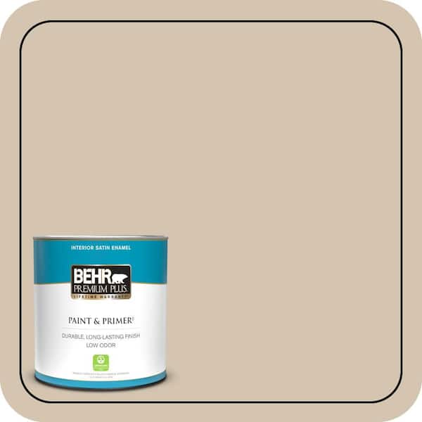 BEHR PREMIUM PLUS 1 qt. #N300-3 Casual Khaki Satin Enamel Low Odor Interior Paint & Primer