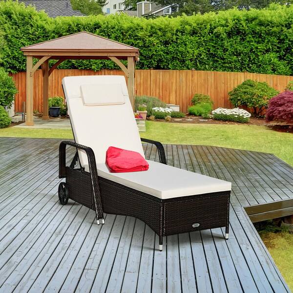 1-Piece Wicker Outdoor Chaise Lounge with Adjustable Backrest and White Cushion
