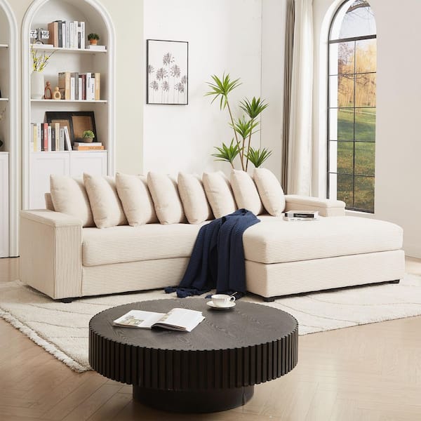 aisword Beige 104 in. Oversized Comfy Corduroy L-Shaped 3-Seat Sectional Sofa with 8 Pillows and 2 Armrest Storage