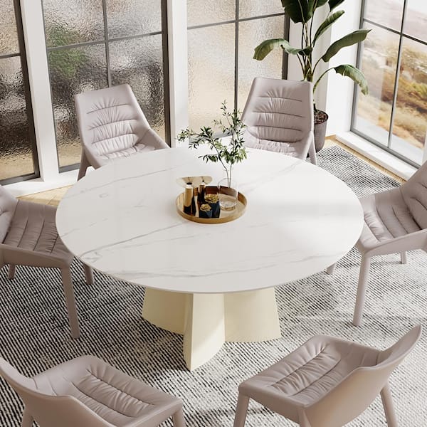 Lesly Modern Round White Composite Stone Table Top for Kitchen 59.06 in. Cream Fiberglass Pedestal Dining Table (6 -Seats)