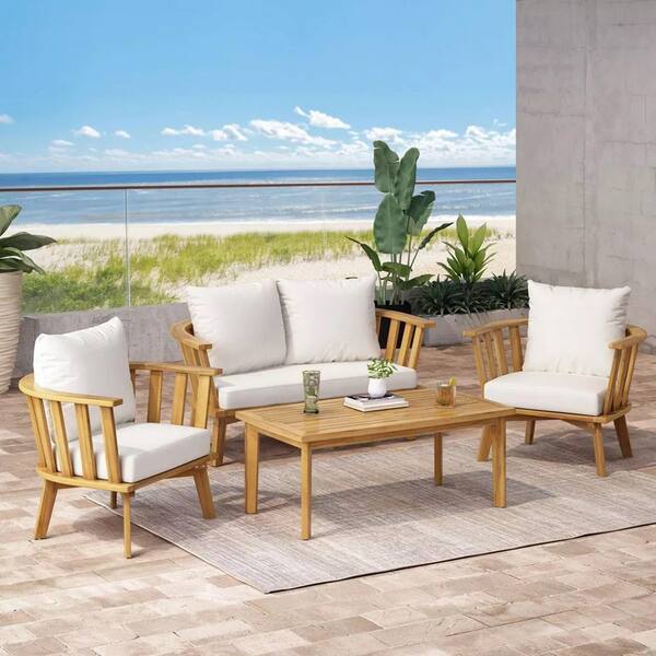TIRAMISUBEST Cream White 4-Piece Wood Patio Conversation Deep Seating Set with Cream Cushions​