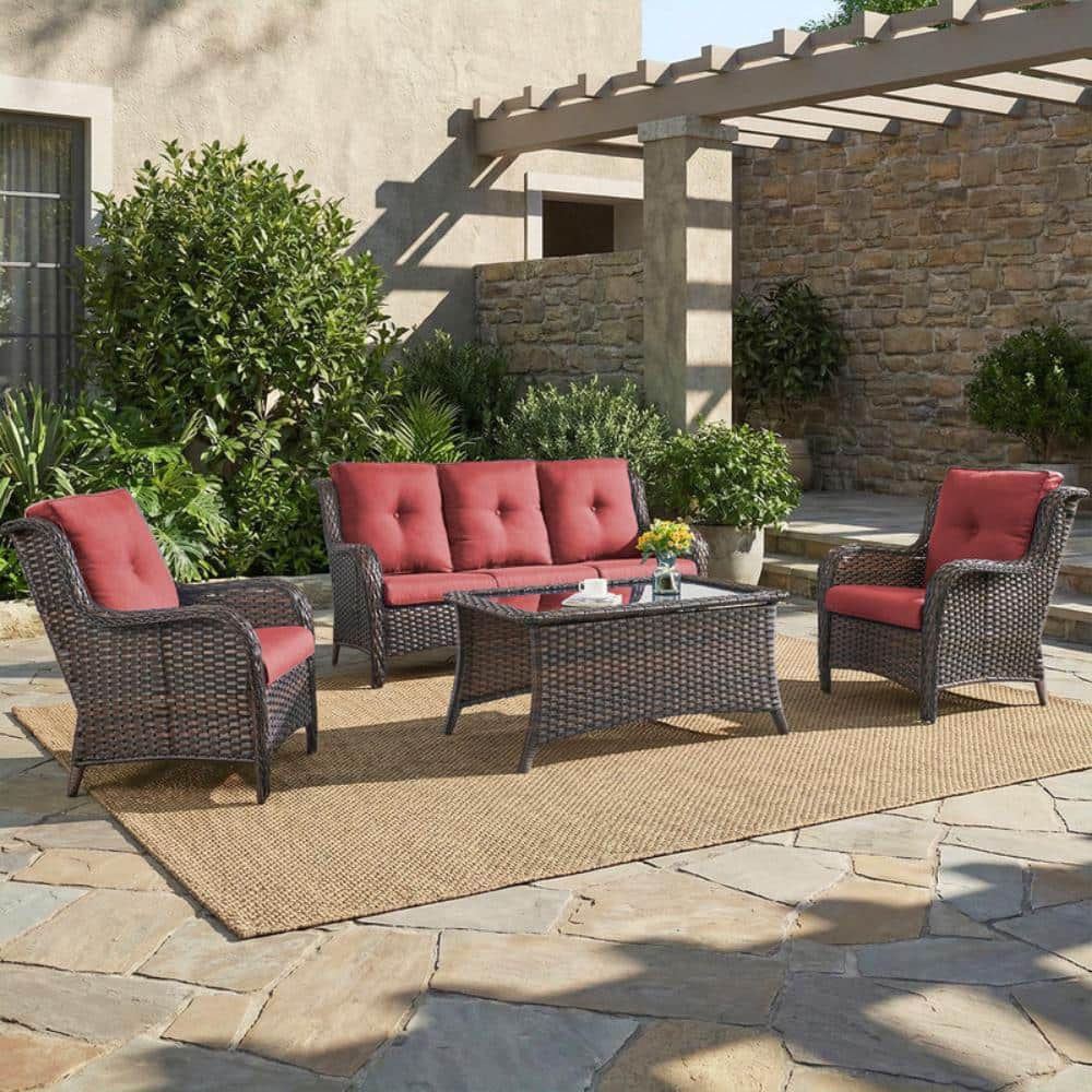 Wellcane 4-Piece Brown Wicker Patio Conversation Set Sofa Set, Coffee Table and Armchairs with Red Cushions price history on PriceWatchPro