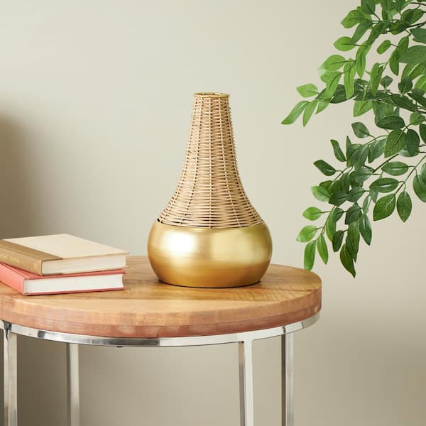 Litton Lane 11 in. Brown Handmade Woven Rattan Decorative Vase with Gold Metal Base