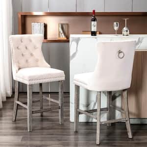 41.30 in. Beige Velvet Upholstered Barstools with Button Tufted and Chrome Nailhead Trim (Set of 2)