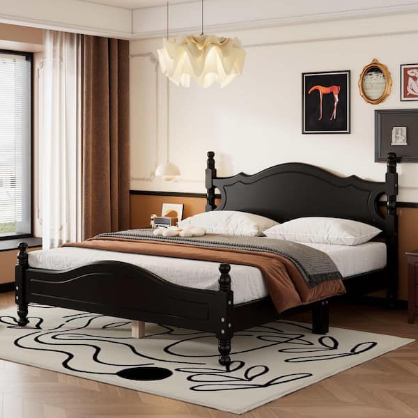 Polibi Black Wood Frame Queen Size Platform Bed with Wooden Slat Support
