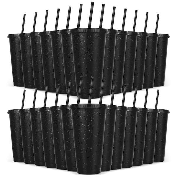 24 Pack 24 oz. Plastic Tumbler Cups with Lids and Straws Glitter Design Black Reusable Cold Drink Cups