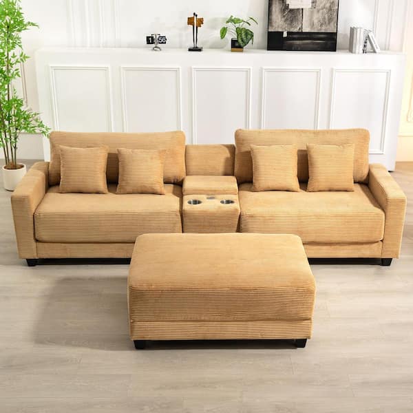 Laibai 111.81 in. Square Arm Velvet Modular 3-Piece Modern Yellow Sofa with Cup Holder and Ottoman