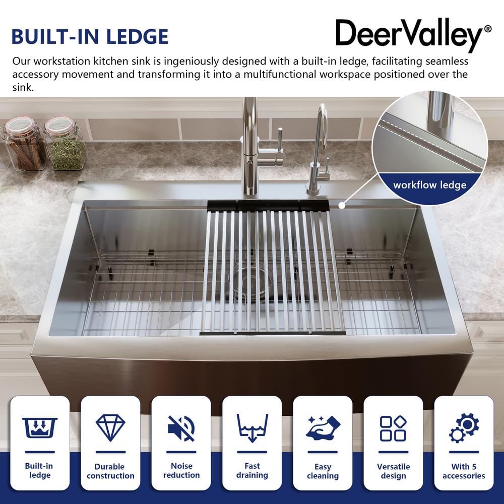 36" Stainless Steel Farmhouse Single Bowl Workstation Sink
