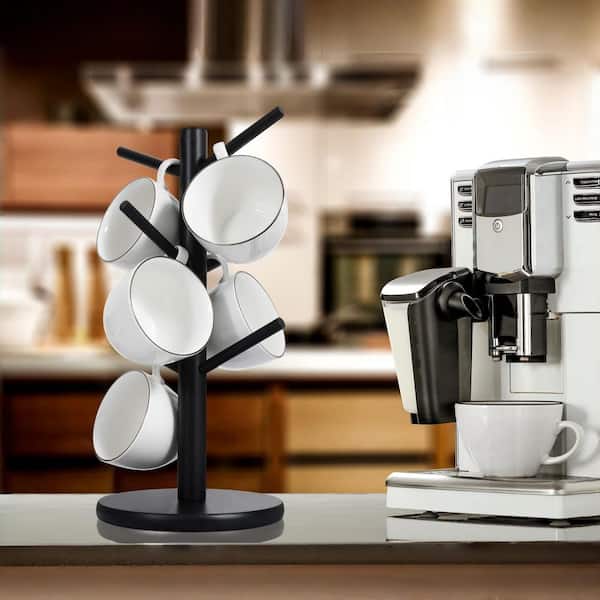 Mug Tree and Coffee Cup Holder with 6 Hooks for Kitchen, Bar, Mug and Coffee Cup Storage, Black (1-Pack)