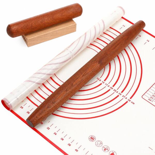 4-Piece Sapele Wood Rolling Pin Set with Silicone Baking Mat and Beech Wood Base for Dough and Pastry