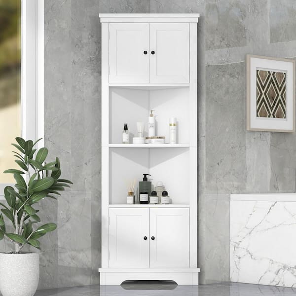 EPOWP 26 in. W x 13.9 in. D x 67 in. H White MDF Freestanding Triangle Corner Linen Cabinet with Adjustable Shelves in White