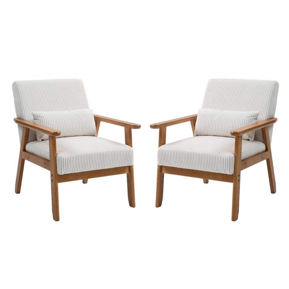 Beige Corduroy Accent Armchair Set of 2 with Solid Wood Armrest Rubber Wood