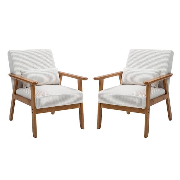 Unbranded Beige Corduroy Accent Armchair Set of 2 with Solid Wood Armrest Rubber Wood Legs Leisure Chair Single Sofa with Pillow