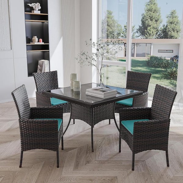 Halmuz 5-Piece Brown Wicker Outdoor/Indoor Dining Set with Blue Cushion, Tempered Glass Tabletop, Umbrella Hole