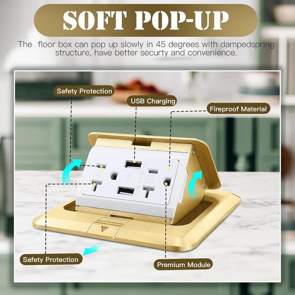 Gold 20A Tamper Resistant Pop-Up Floor Outlet Kit with USB Ports